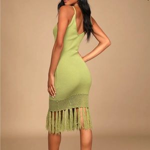 Lulus Sunny Festival Light Green Ribbed Knit Fringe Midi Dress